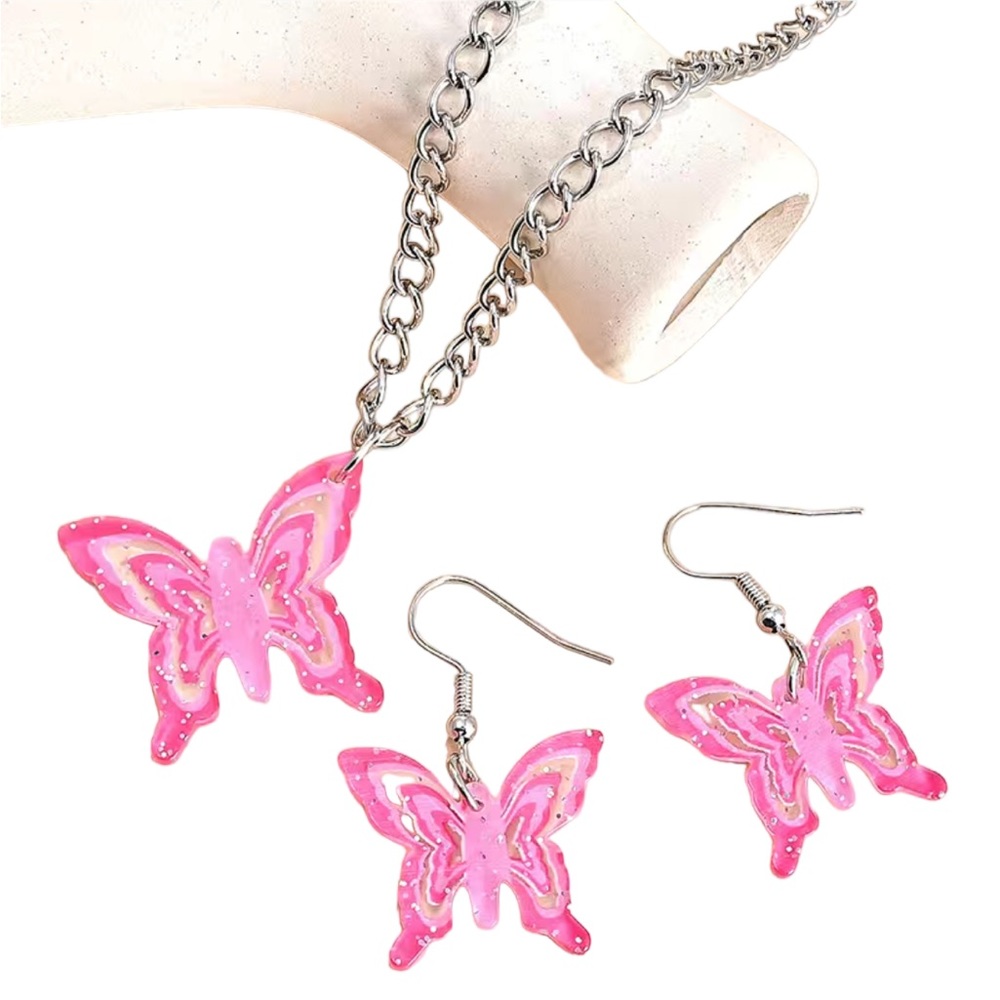 Pink Resin Butterfly Charm Necklace and Earring Set